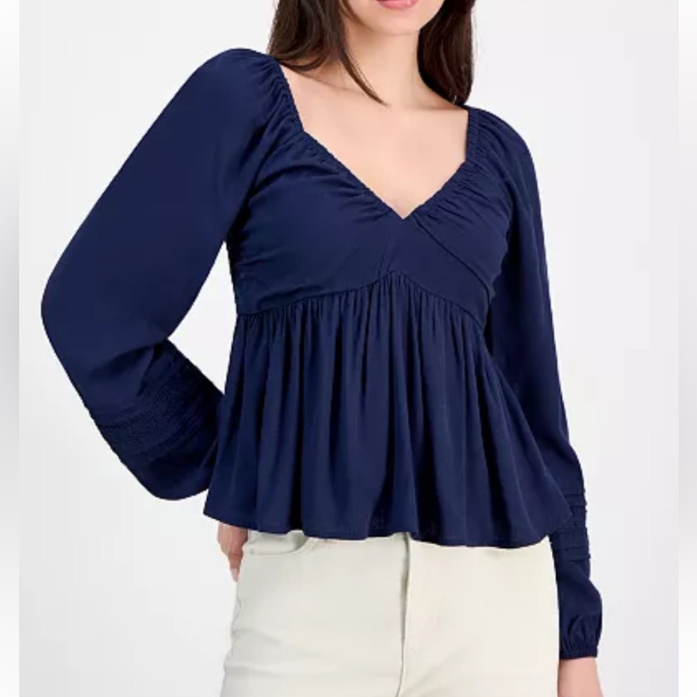 Self Esteem Ruched V- Neck Lace-Insert Navy Blouse Junior’s Medium Baby Doll New